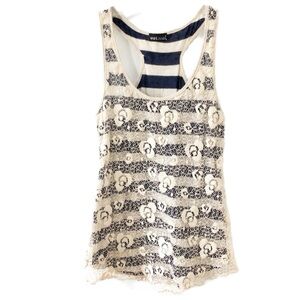 Wet Seal Y2K Striped with Floral Lace Overlay Racerback Scoop Neck Tank Top